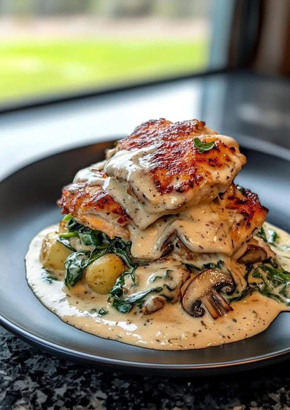 Creamy Smothered Chicken with Spinach, Potatoes, and Mushrooms