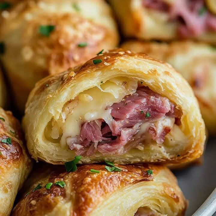 Golden Crescent Rolls Stuffed with Corned Beef, Swiss Cheese, and Sauerkraut