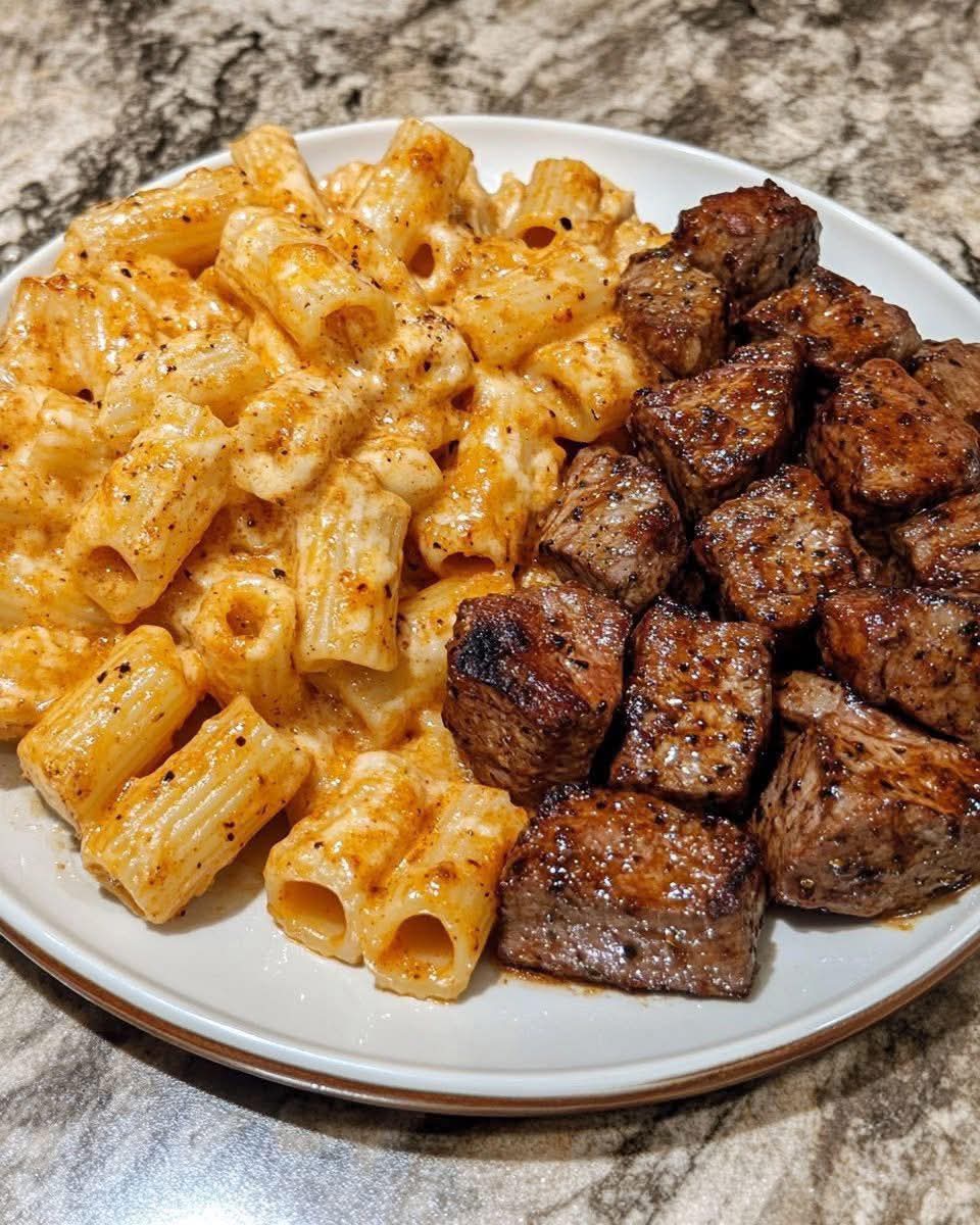Cajun Steak Tips in Cheesy Rigatoni Parmesan Sauce
