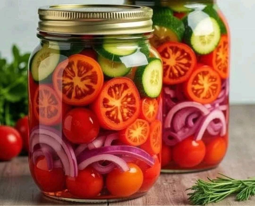 Crunchy, Tangy, and Refreshing: Pickled Cherry Tomatoes, Red Onions, and Cucumbers